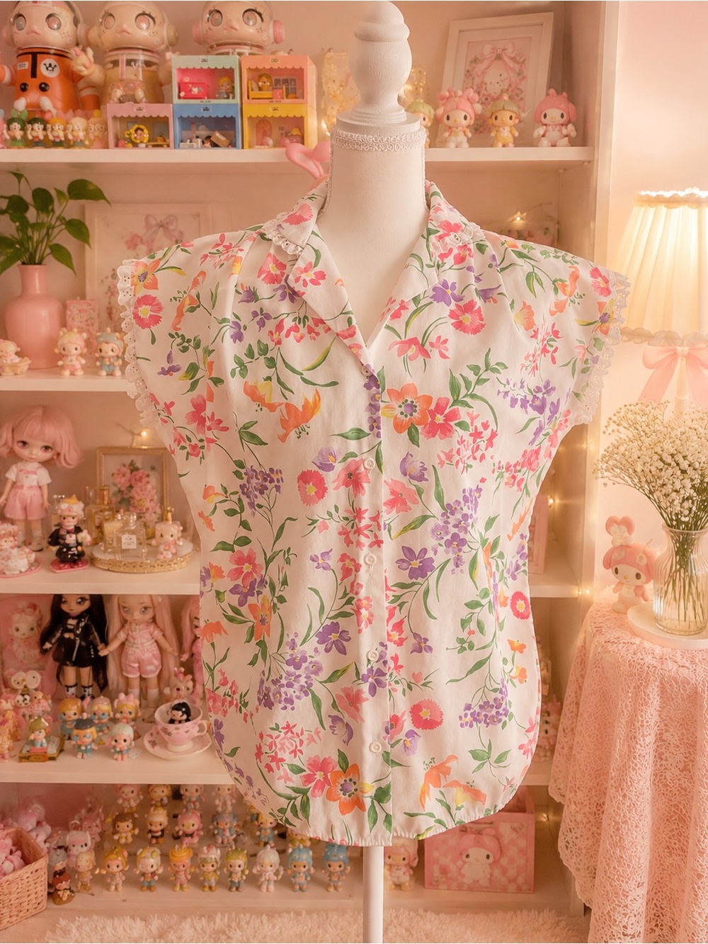 ACT III Vintage Floral Button-Up Blouse with Eyelet Lace Trim